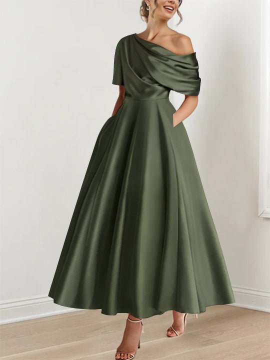 Elegant olive green A-Line Mother of the Bride dress featuring ruffles, crafted from luxurious silk satin, with a stylish one-shoulder design and ankle 0